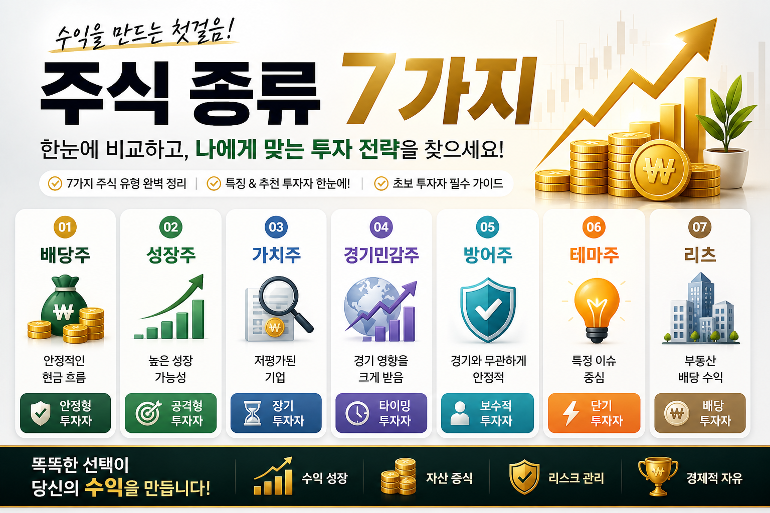 주식 종류 7가지(배당주, 성장주, 가치주, 경기민감주, 방어주, 테마주, 리츠)를 투자 전략과 함께 정리한 인포그래픽 이미지