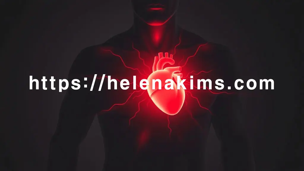 심장 부위에 강렬한 붉은색 경고등이 점멸하고, 통증이 퍼져나가는 듯한 추상적인 붉은색 선들이 왼쪽 팔, 턱, 등으로 확산 되는 이미지.