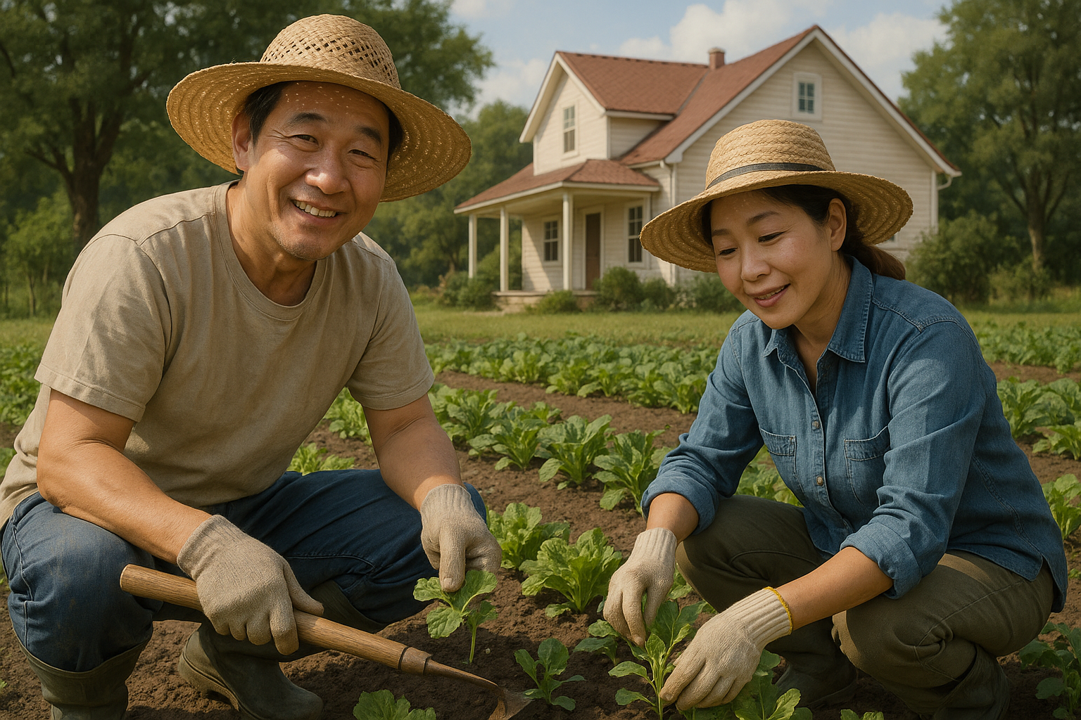 전원에서 텃밭을 일구고 있는 중년 부부의 보습.