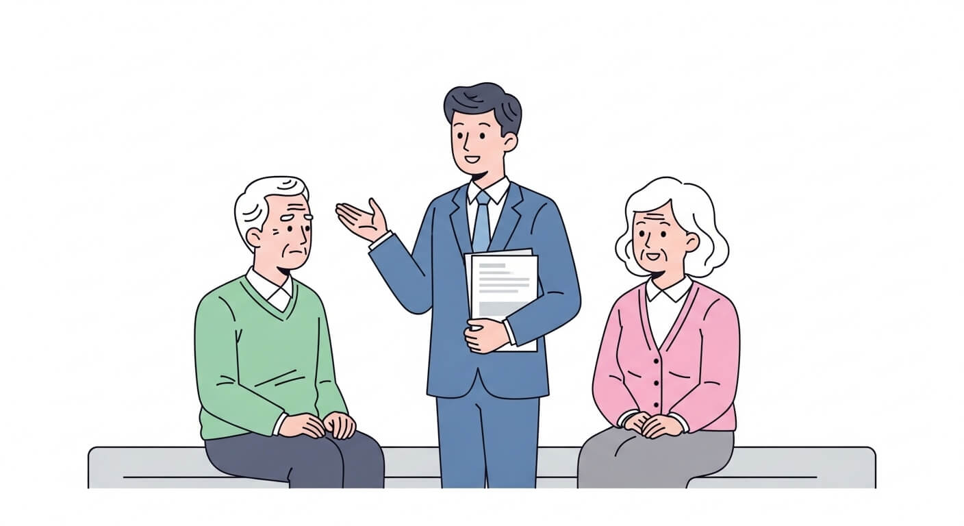 기초연금 관련 자주 묻는 질문에 대해 공무원이 문서를 보며 설명하는 장면. 1