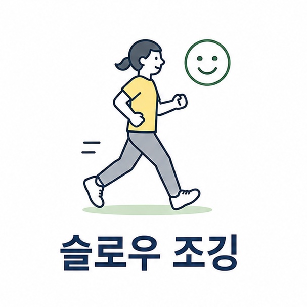 슬로우 조깅 대표 이미지, 천천히 달리는 사람의 실루엣과 웃는 얼굴 기호를 결합한 일러스트