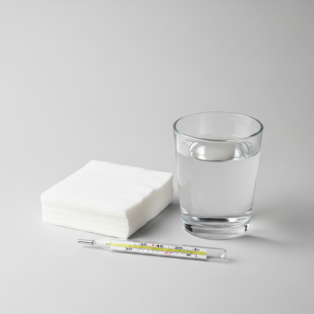 노로바이러스 장염에서 동반될 수 있는 미열을 체크하는 상황을 표현한 정물