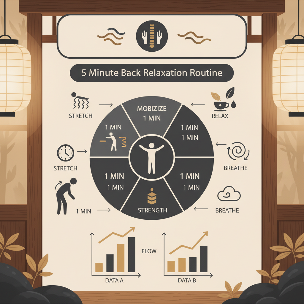背中ほぐしルーティン：5分間の運動科学的根拠に関する統計・生理メカニズム・対策を示す政策リポート用インフォグラフィック