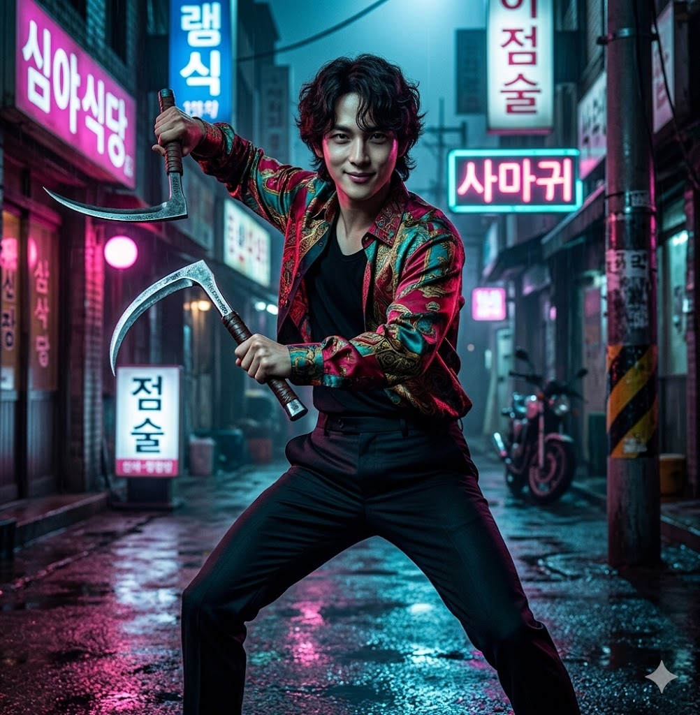 Im Si-wan fiercely swinging dual sickles in a neon-lit dark alleyway, showing a chilling smile.