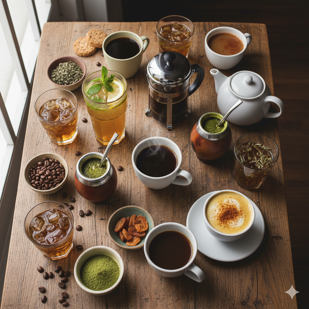 커피와 함께 다양한 대체 음료들이 놓여 있는 테이블. 콤부차, 녹차, 마테차, 치커리 커피 등 여러 음료들이 조화롭게 배열되어 있다. (이미지 생성:google)