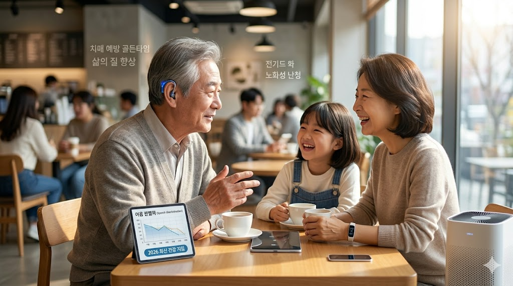 세련된 보청기를 착용한 고령의 환자가 가족과 함께 밝게 웃으며 대화하는 감성적인 라이프스타일 컷.