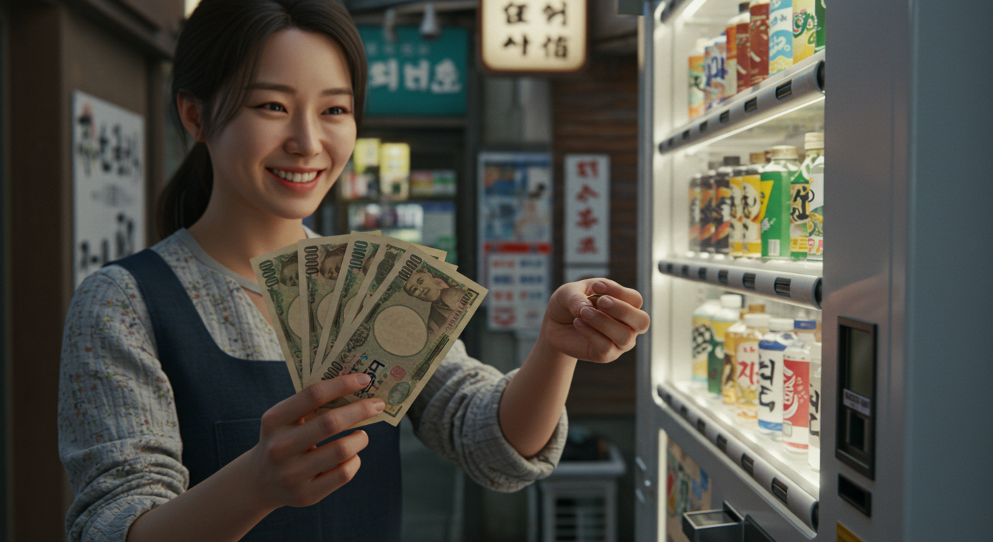 일본 소도시의 자판기에서 엔화를 사용하는 모습, 현금 중심의 일본 여행을 강조.