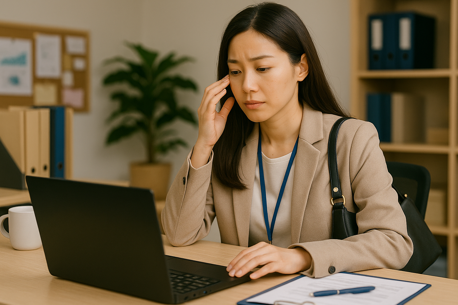 출산휴가나 육아 지원 정책을 확인하며 고민하는 워킹맘 직장 여성