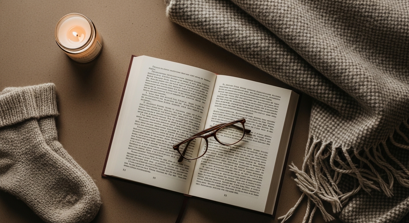 펼쳐진 책과 안경, 따뜻한 담요, 그리고 은은하게 타는 초가 놓인 평화로운 겨울밤 독서 공간