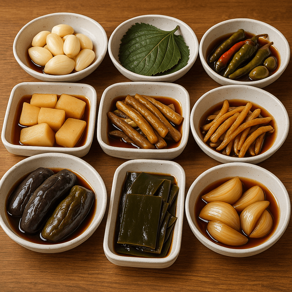 본문에 언급된 마늘,깻잎,고추, 매실,무우,더덕,도라지,가지,다시마,양파장아찌 이미지