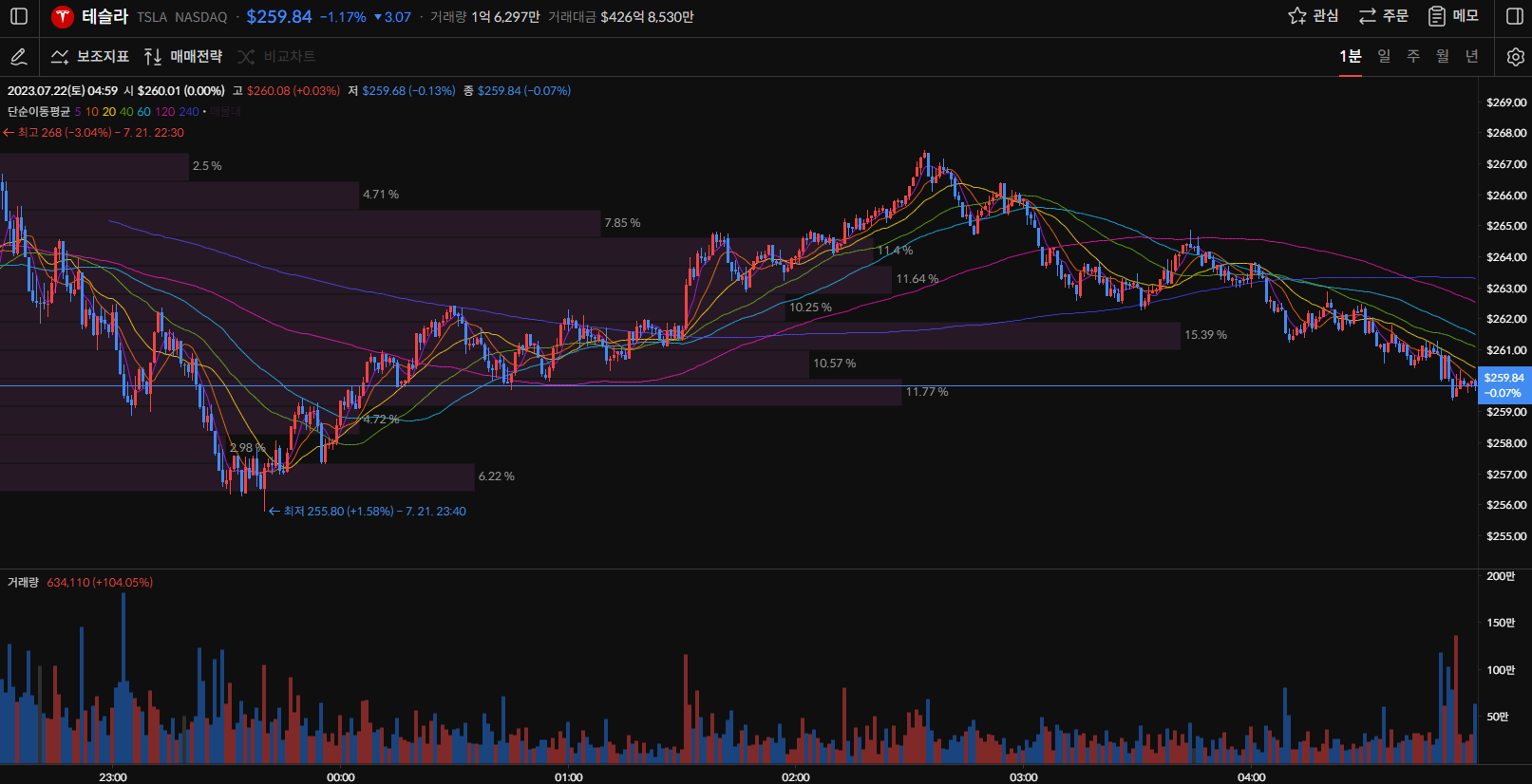 테슬라 주가 1분봉