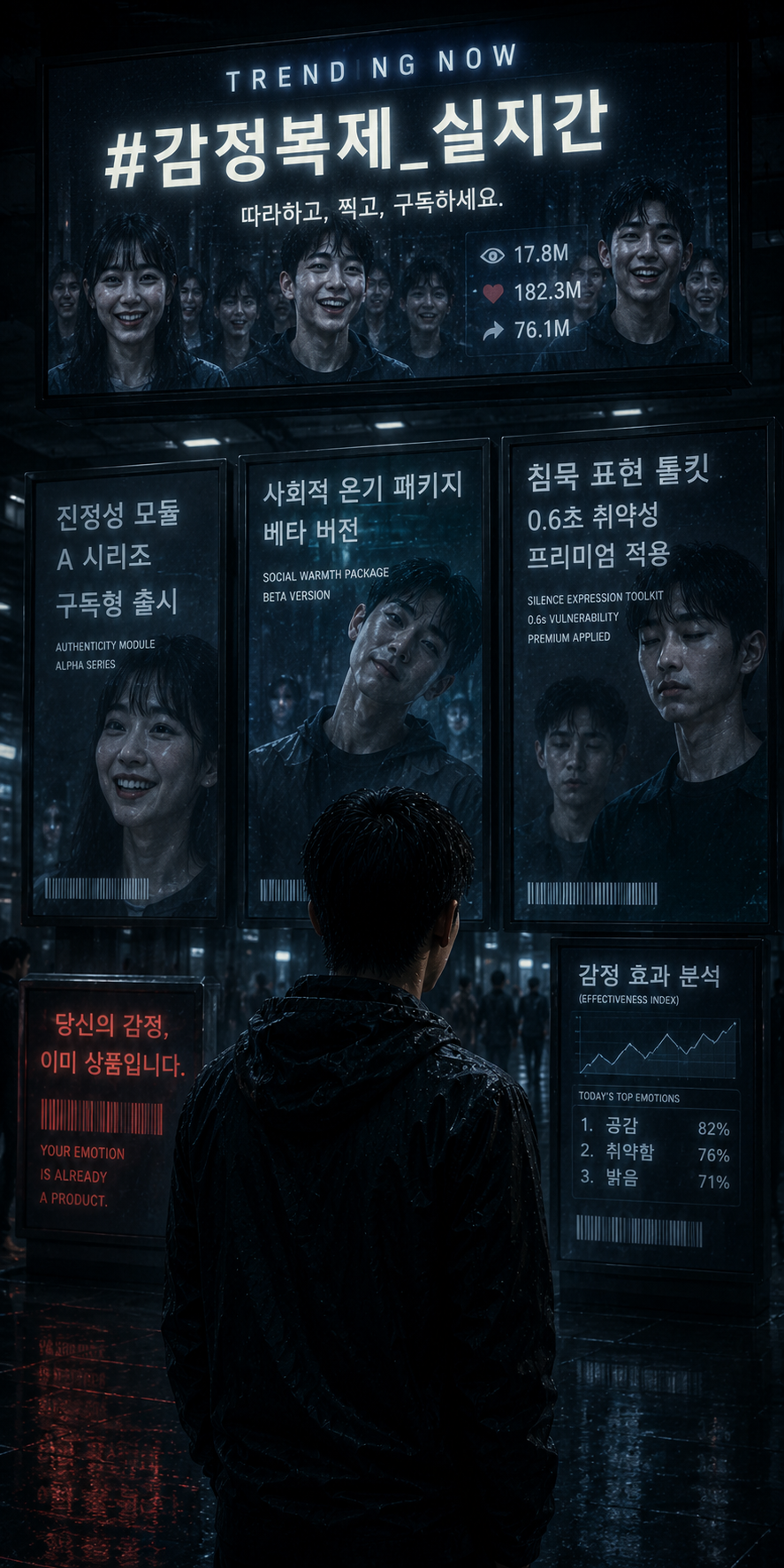 A cyberpunk city billboard replicates one man&rsquo;s emotional expressions into commercial &ldquo;emotion protocols,&rdquo; turning authentic human feeling into a mass-produced social product.