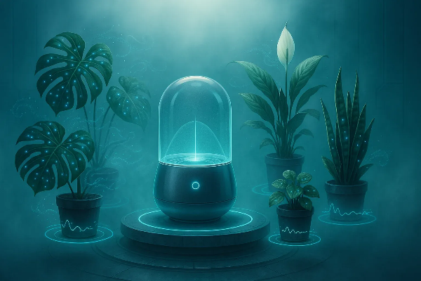 미래형 공기정화 장치와 식물이 조화된 실내 공간