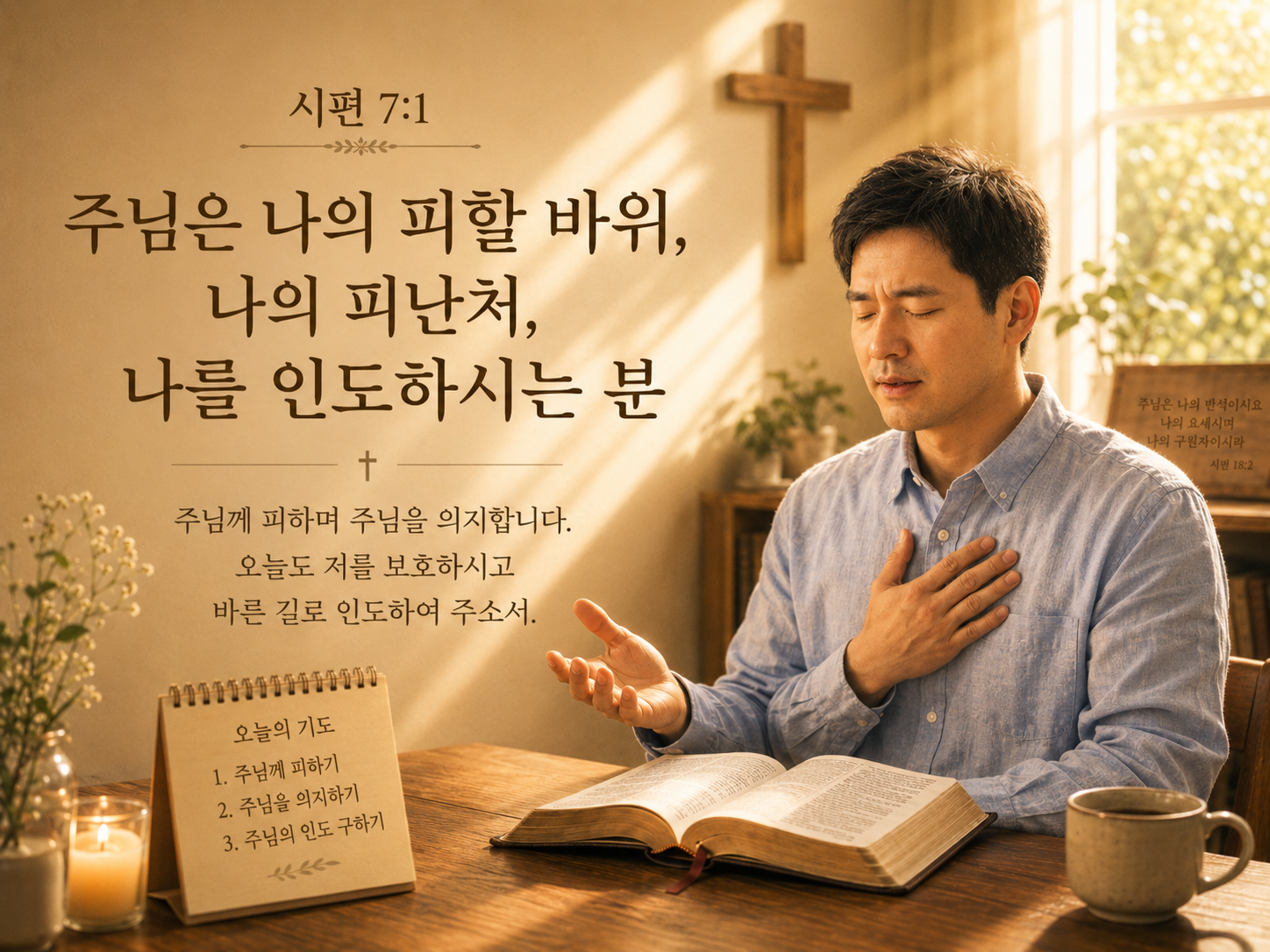 시 7:1 말씀에서 대적이 나를 좇으려 하고 그들의 올가미에서 나를 얽어매려 해도 주님께서 나를 이끄시며 진정으로 나를 보호해주실 것이라는 믿음을 가지고 살아가려는 다양한 시도를 할 것이 묵상되었습니다. 오늘도 제가 피할 바위가 되시고 피난처가 되시며 저를 인도하실 주님을 찬양드리며&amp;#44; 주님께 피하고 주님을 의지하며 살아가는 하루가 되길 간절히 기도하는 시간을 갖는 모습입니다.