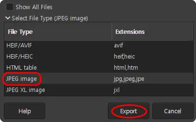 File Type, Extensions
...
HEIF/AVIF, avif
HEIF/HEIC, heif,heic
HTML table, html,htm
JPEG image, jpg,jpeg,jpe
JPEG XL image, jxl
...
Help, Export, Cancel