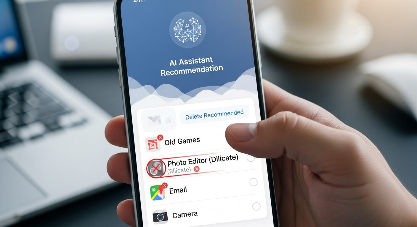AI가 자동으로 중복 앱과 오래된 앱을 분석해 삭제를 추천하는 장면