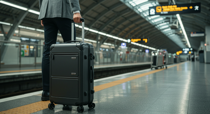 기차역에서 18인치 기내용 캐리어를 끄는 직장인