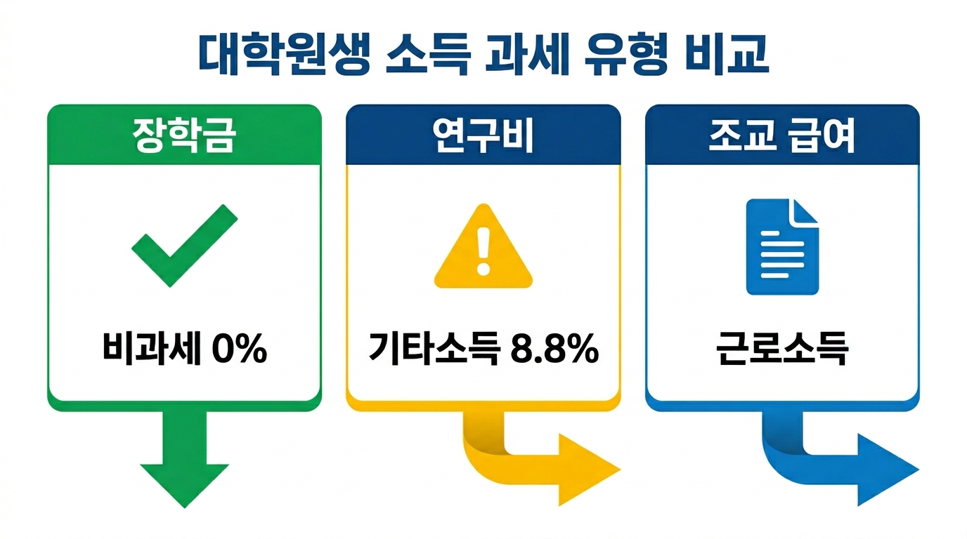 대학원생 소득 유형별 세금 처리 비교 인포그래픽 장학금 연구비 조교수당