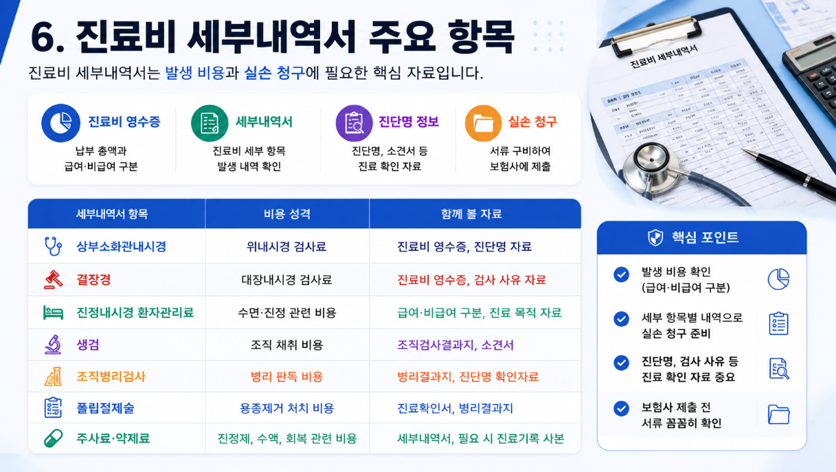 16:9 의료 인포그래픽으로 용종제거와 처치료의 비용 항목, 병리검사 동반 여부, 실손 청구 자료를 정리한 이미지