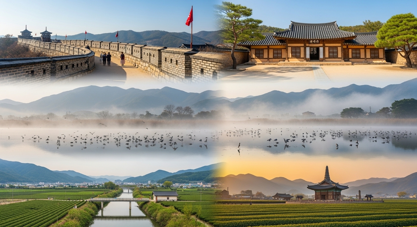 2025년 설 연휴, 경상도의 숨겨진 로컬 여행지들을 담은 이미지: 통영의 푸른 바다, 안동 하회마을의 고즈넉한 한옥, 창녕 우포늪의 겨울 풍경, 하동 섬진강변의 평화로움, 경주 유적의 조화로운 모습.