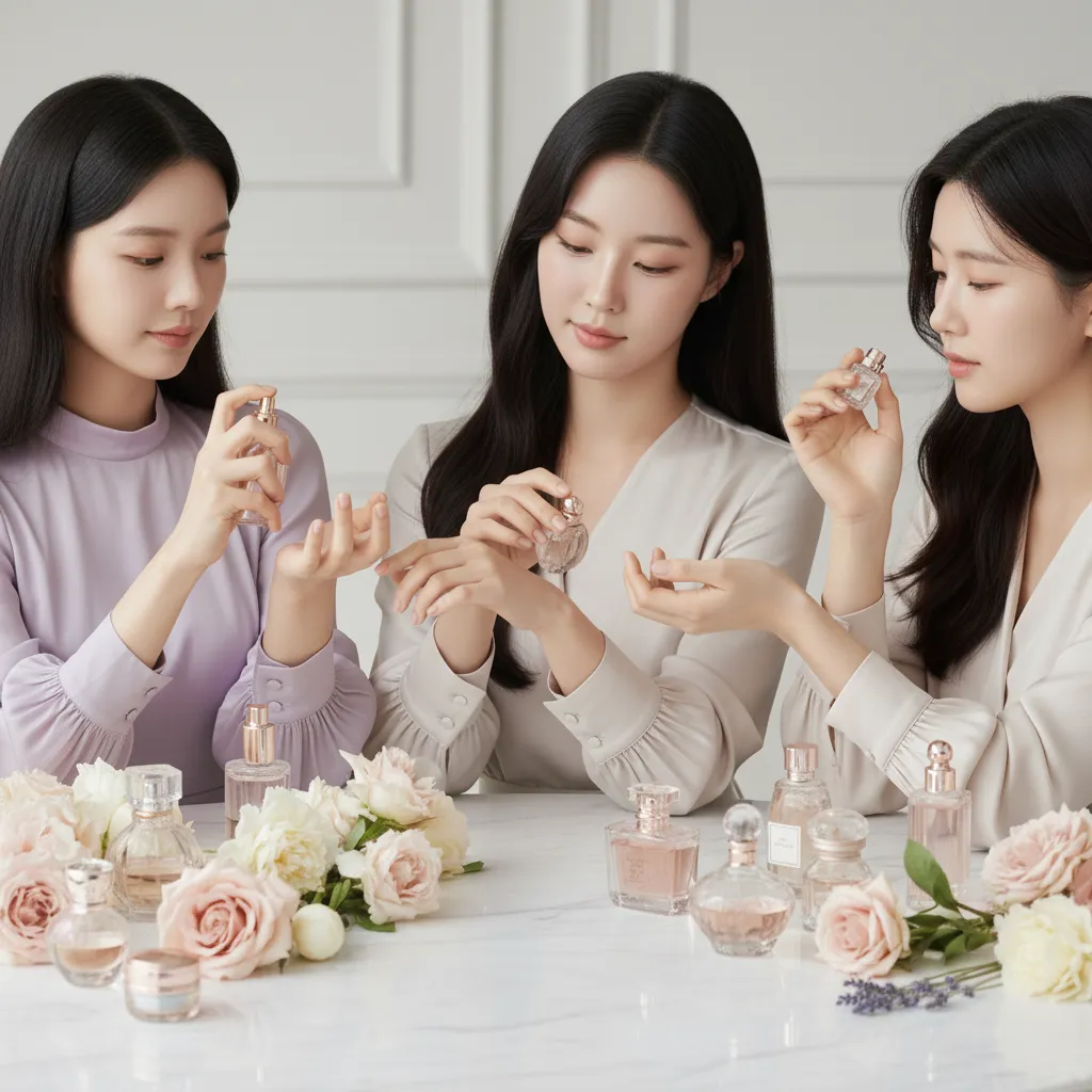 피부 타입별로 향수를 시향하며 비교하는 여성들의 모습, 건성·지성·민감성 피부 표현