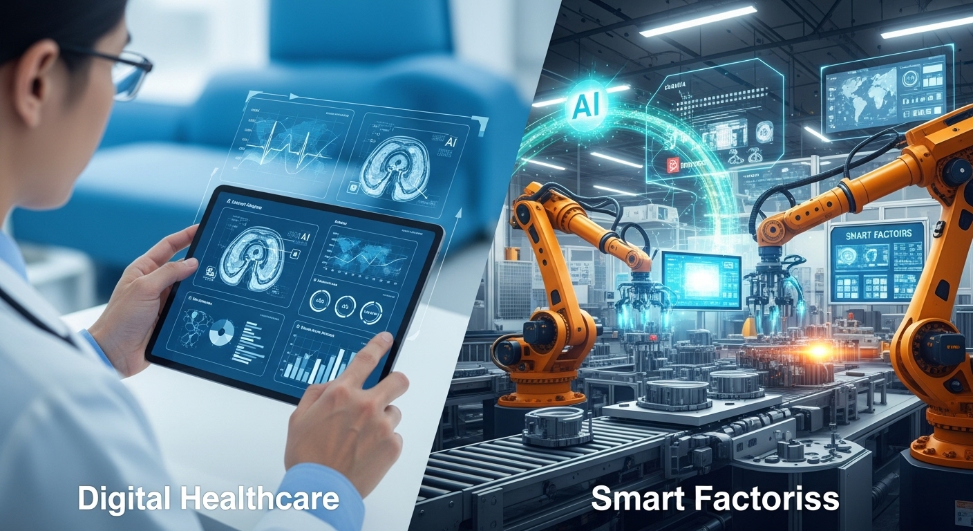 AI 기반 디지털 헬스케어의 진단 화면과 스마트 팩토리의 로봇 팔이 생산하는 모습을 담은 이미지.