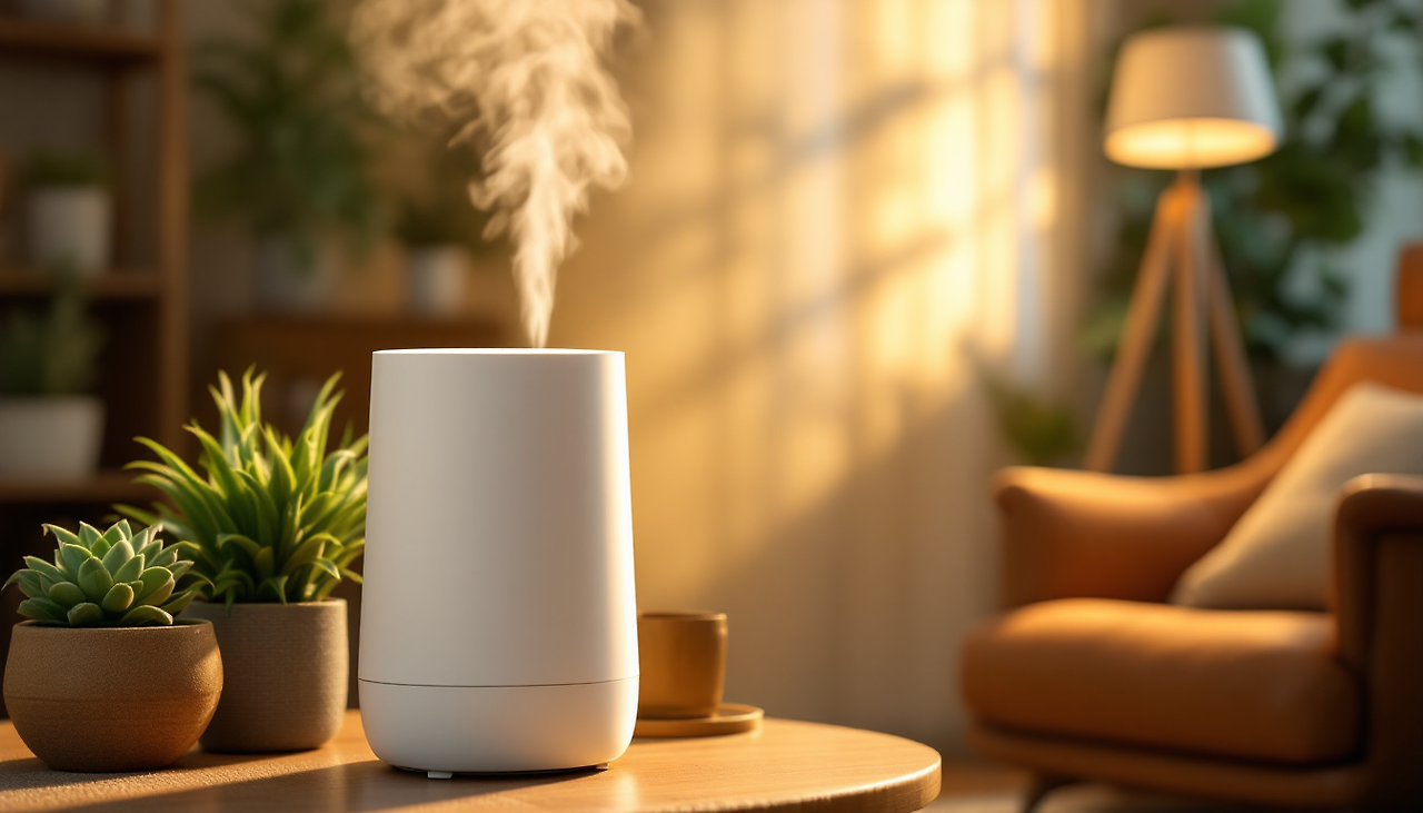 실내에서 가습기가 작동 중인 모습과 따뜻한 분위기