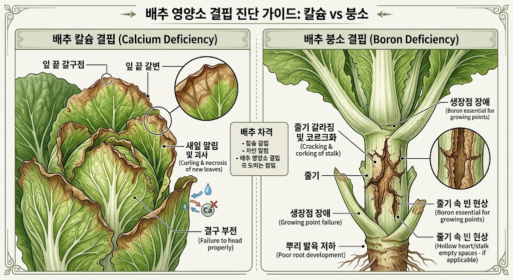 석회 부족으로 인한 속잎 갈변과 붕사 부족으로 인한 줄기 갈라짐 증상을 진단하는 비교 설명 삽화