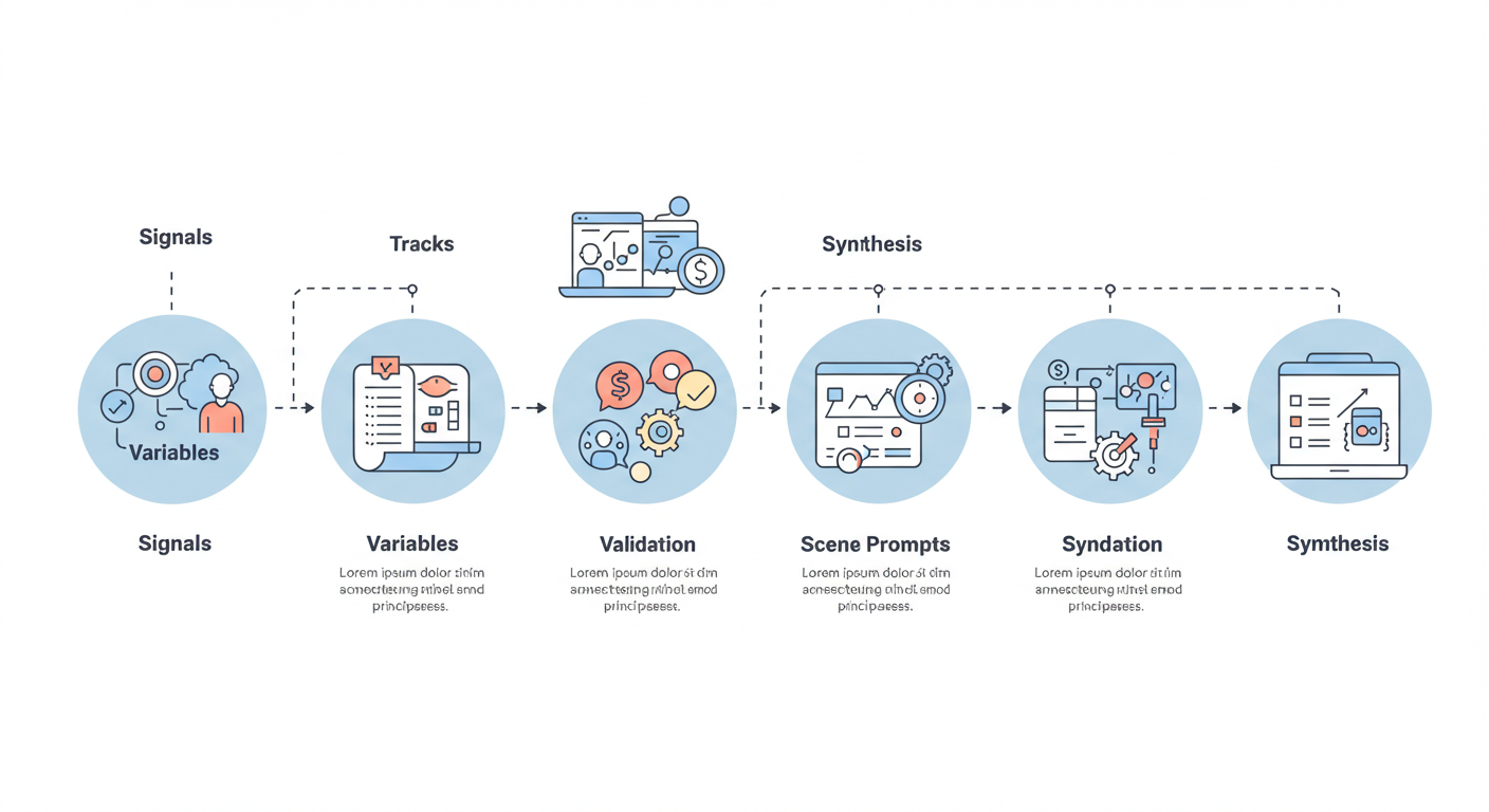 현재 신호 수집→핵심 변수 선정→시나리오 트랙 정의→장면 생성 프롬프트→검증→편집→요약으로 이어지는 미래 시나리오 생성 다이어그램