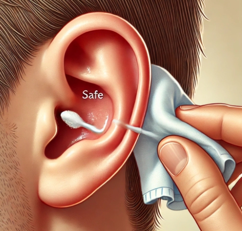 안전한 귀지 제거법 – 젖은 천으로 겉귀 닦는 장면