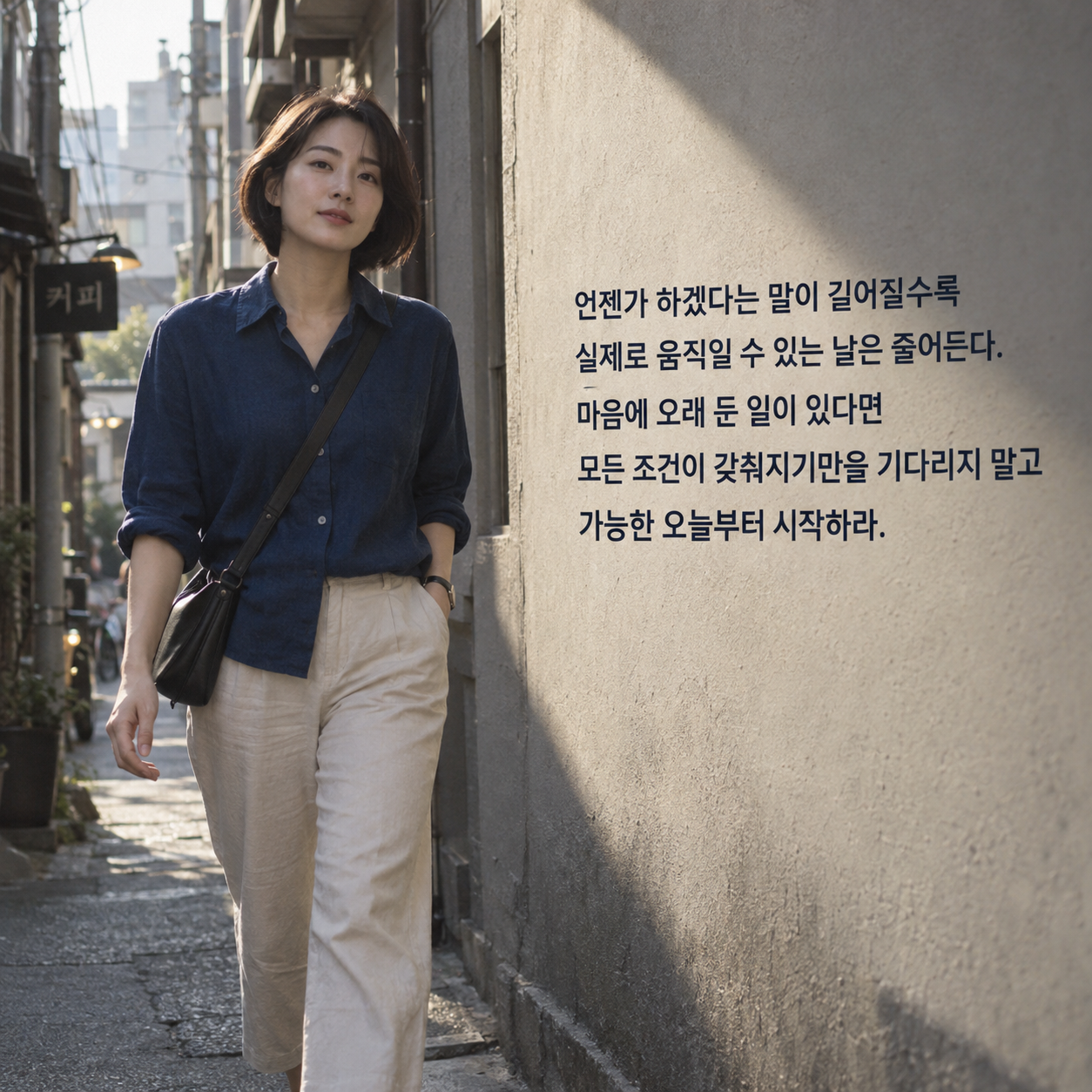 언젠가 하겠다는 말이 길어질수록 실제로 움직일 수 있는 날은 줄어든다. 마음에 오래 둔 일이 있다면 모든 조건이 갖춰지기만을 기다리지 말고 가능한 오늘부터 시작하라.