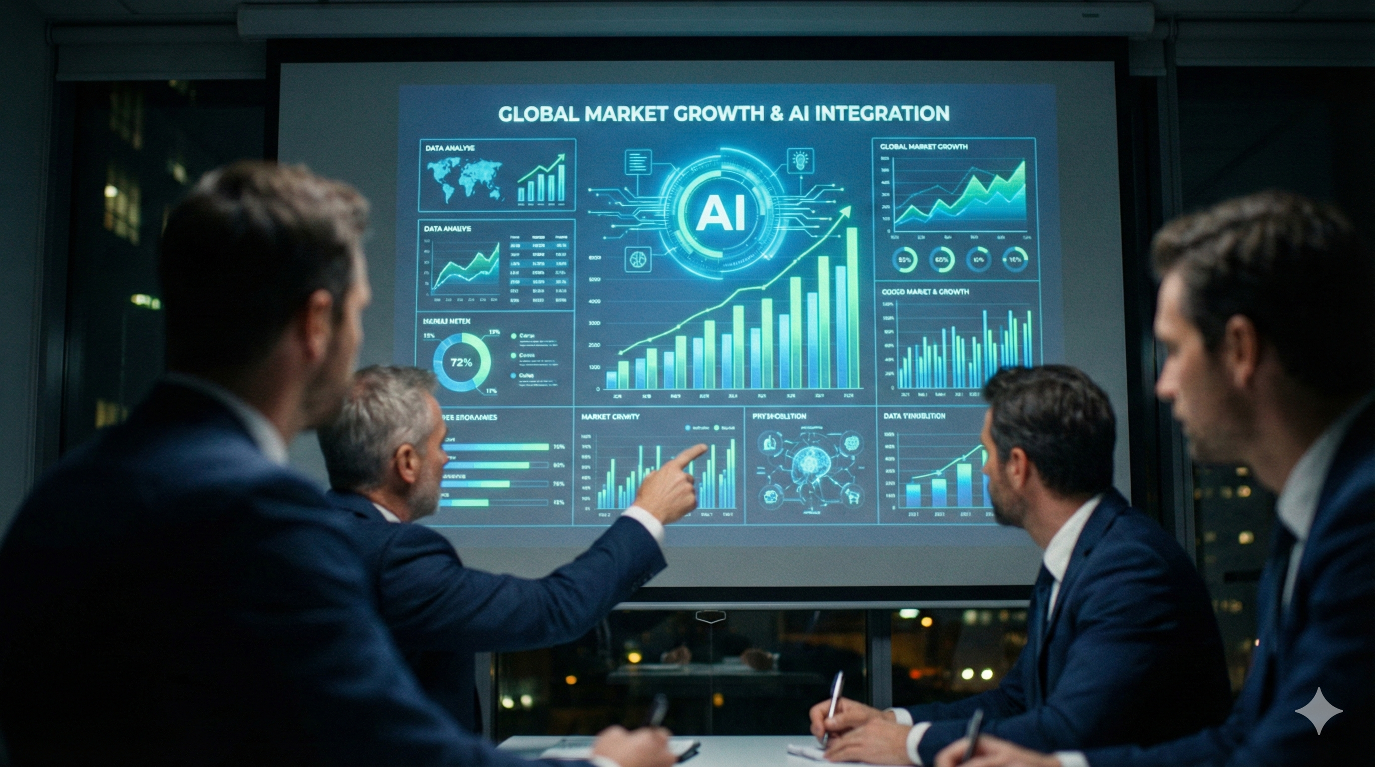 AI로 생성한 고품질 인포그래픽 시각 자료가 띄워진 임원 회의실 스크린과 이를 집중해서 바라보는 경영진의 모습.