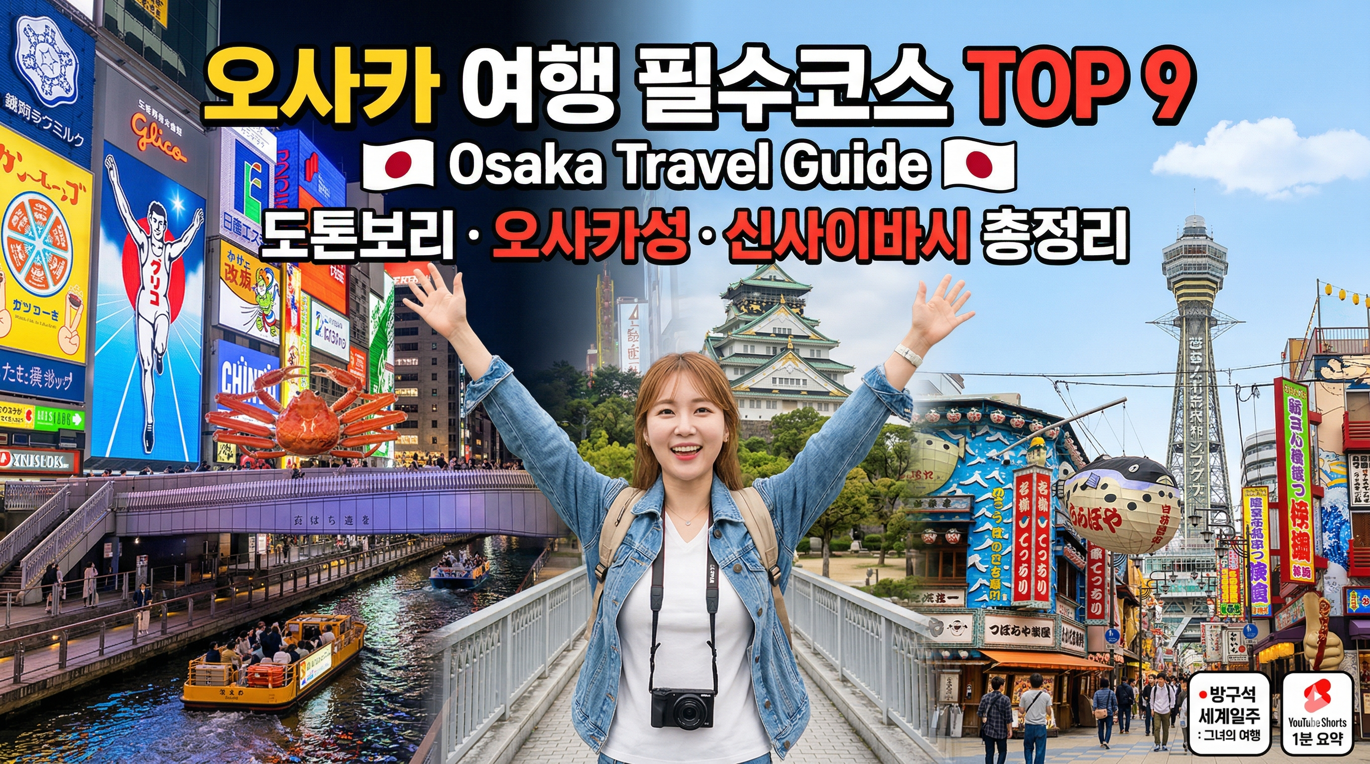 세 개의 분할 화면으로 구성된 오사카 여행 가이드 이미지. 중앙에는 카메라를 목에 걸고 팔을 벌려 환영하는 포즈를 취한 한국인 여성 여행자가 서 있고 그녀의 뒤로 오사카성이 보인다. 왼쪽 화면에는 야경의 도톤보리 운하와 글리코맨 네온 사인이, 오른쪽 화면에는 츠텐카쿠 타워가 있는 레트로한 신세카이 거리가 보인다. 상단에는 '오사카 여행 필수 코스 TOP 9'과 'Osaka Travel Guide'라는 텍스트가 있다. 우측 하단에는 '방구석 세계일주 : 그녀의 여행' 채널 로고와 'YouTube Shorts 1분 요약' 아이콘이 있다.