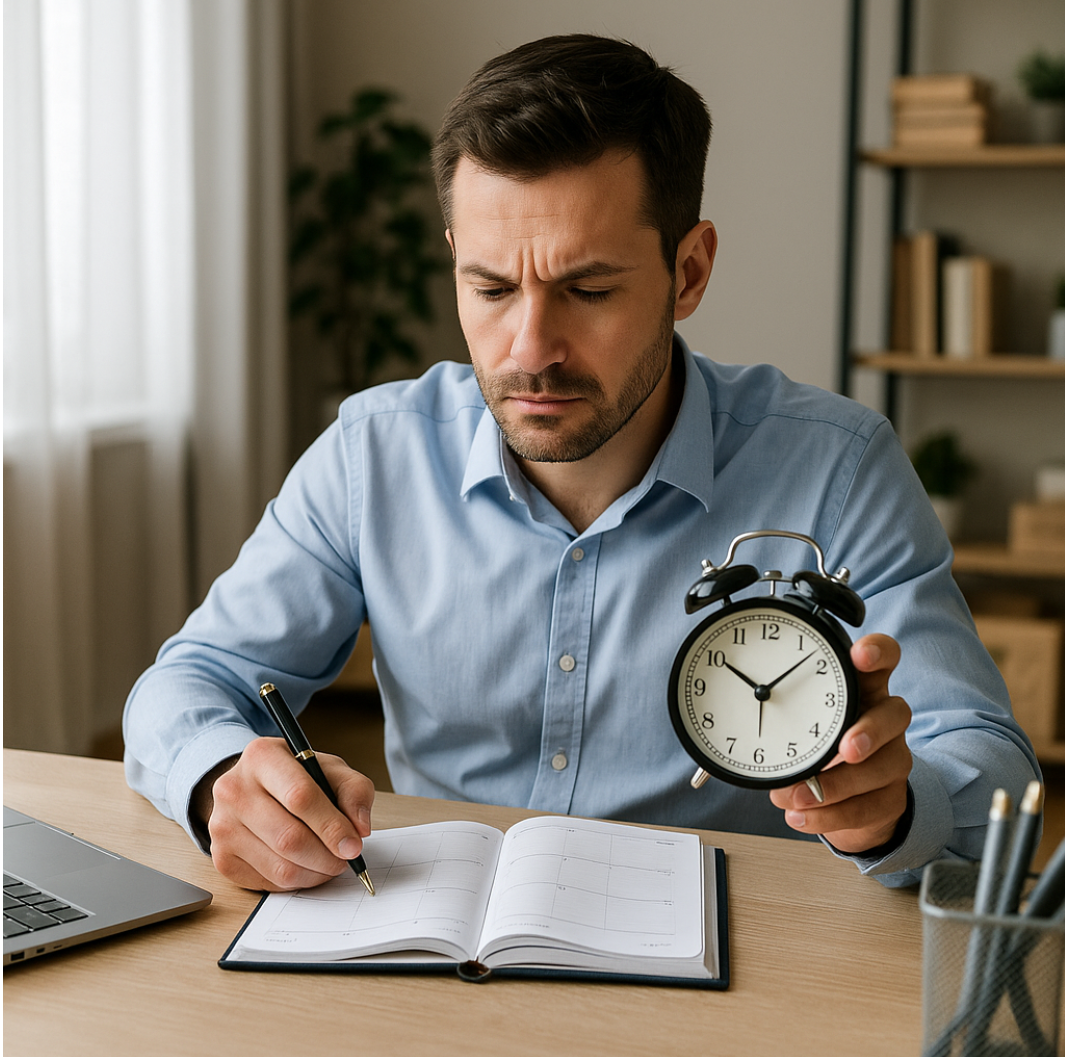 시계를 들고있는 중년 남성 사진