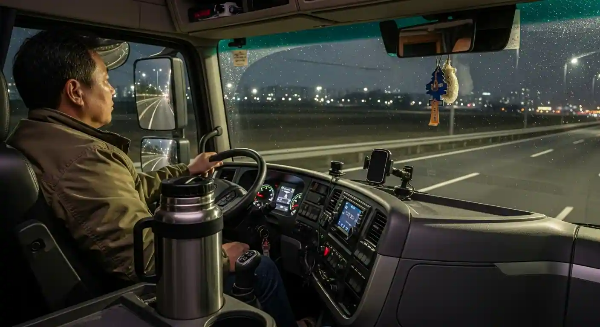 야간 트럭 운전을 하며 정면을 주시하고 있는 50대 남성 모습. 운전석 옆에는 따뜻한 차가 들어 있는 텀블러가 놓여 있음.