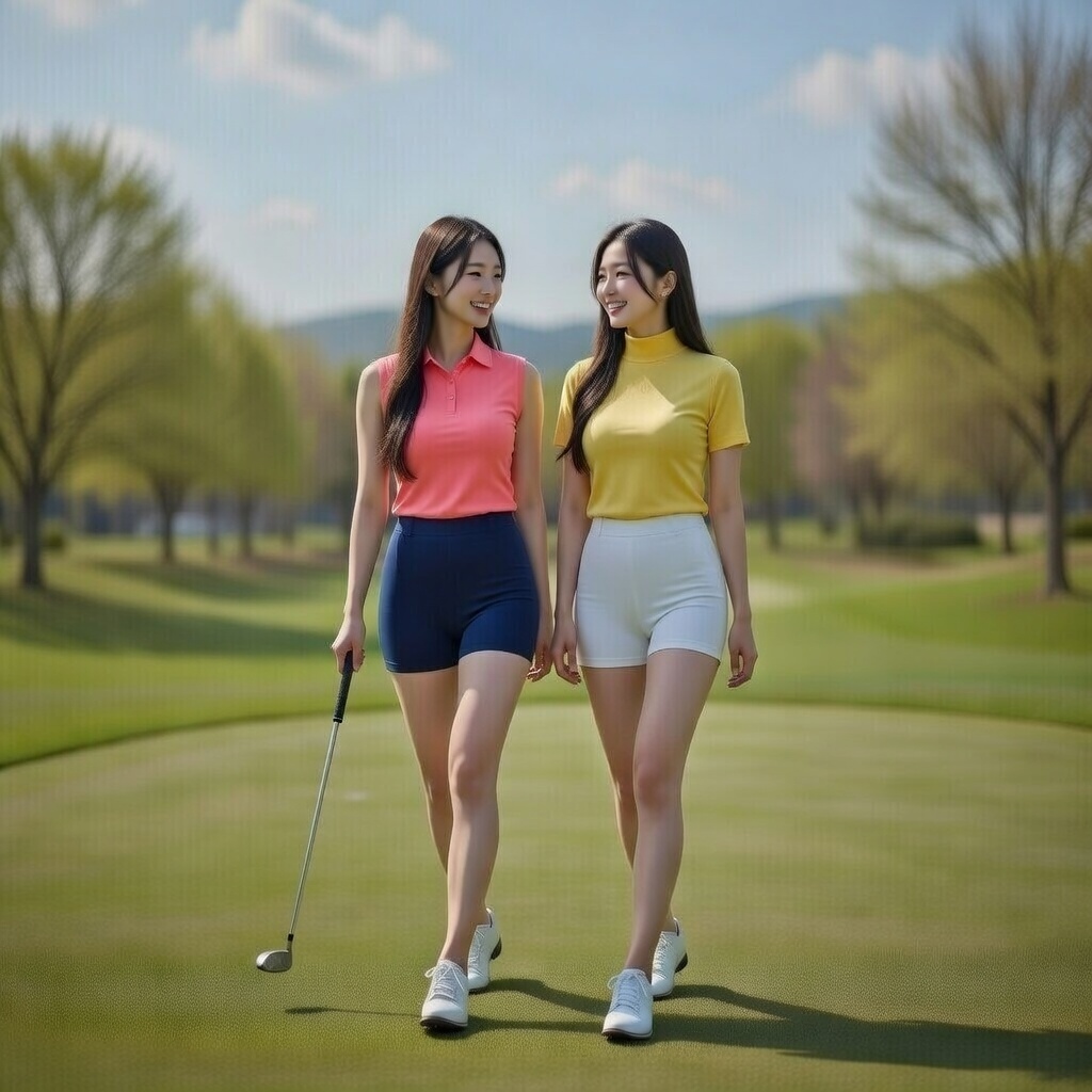 20대 여성 골퍼 2명이 광주 동산파크에서 골프를 치고 걸어가고 있는 모습