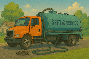 파란 하늘, 잔디밭이 있는 집 앞에 정화조 차량이 있는 일러스틍입니다.