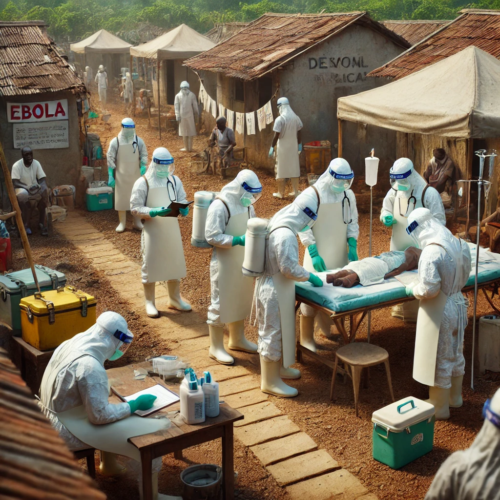 에볼라 유행 지역에서 환자를 돌보는 의료진