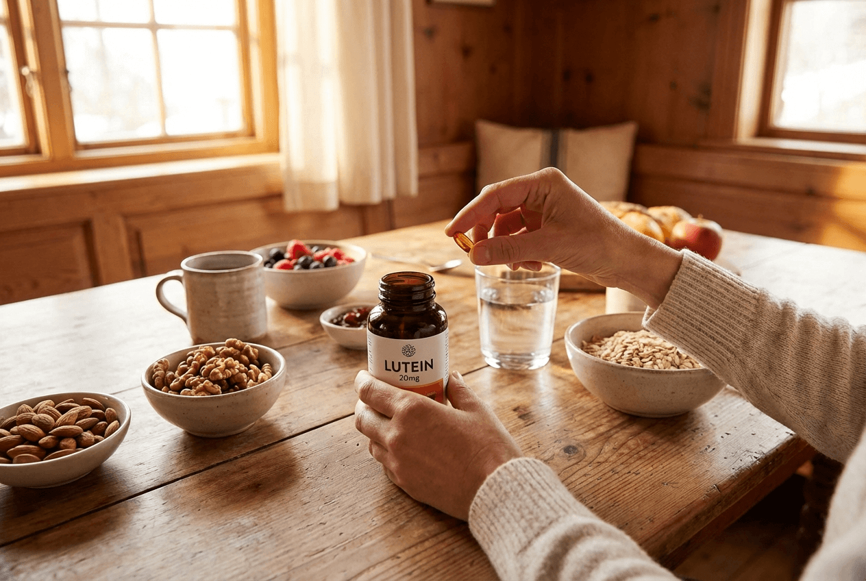 식사와 함께 루테인을 복용하는 모습, 견과류와 영양제가 함께 놓인 식탁