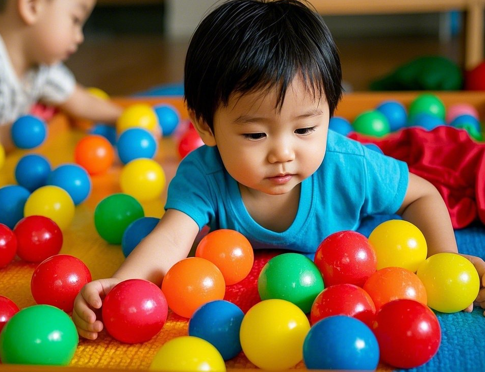 촉감 놀이에 집중하는 아이들, 감각 발달을 위한 놀이 교구