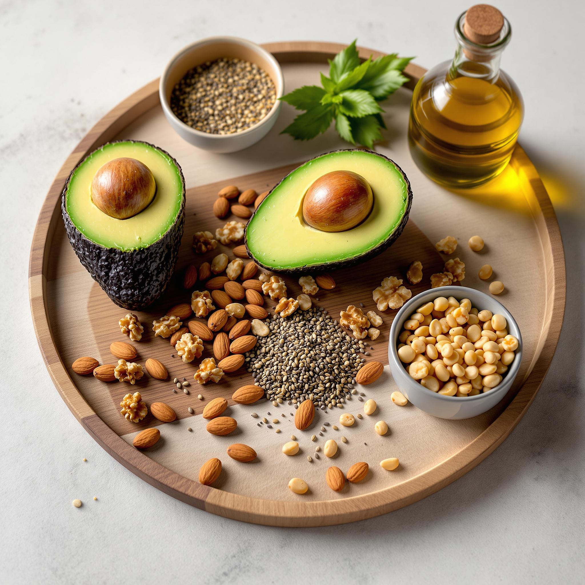아보카도, 아몬드, 호두, 치아 씨앗, 그리고 중성 톤의 배경 위에 엑스트라 버진 올리브 오일 한 병을 얹은 작은 나무 쟁반