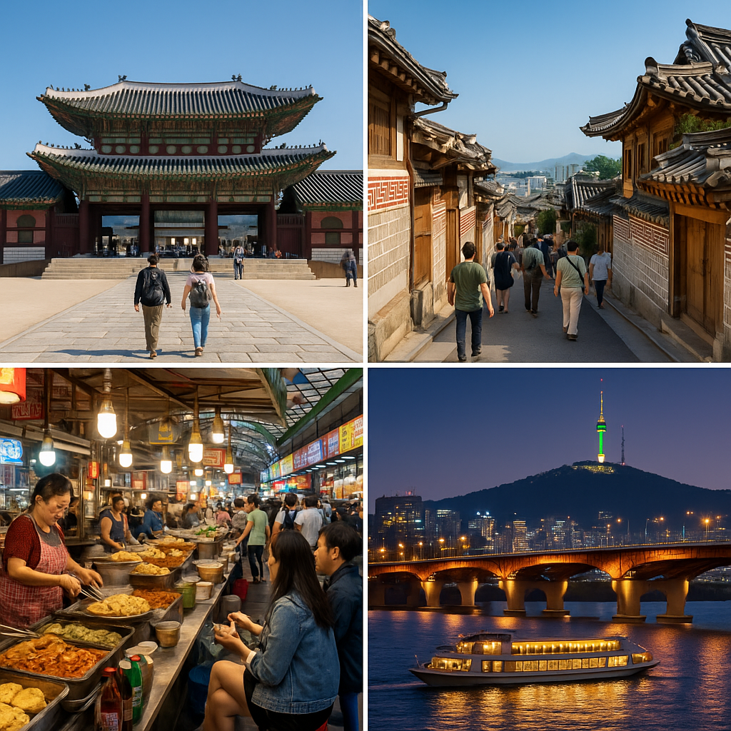 경복궁의 고요한 아침, 북촌 한옥마을의 전통 골목, 광장시장의 활기, 그리고 남산타워와 한강유람선의 화려한 밤빛이 어우러진 서울의 24시간 풍경을 담은 콜라주