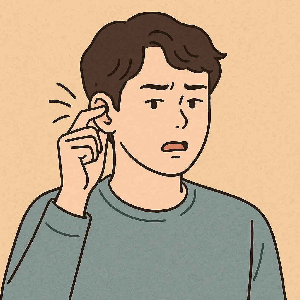 귀가 간질간질한데 아무 이상이 없을 때 고민하는 사람의 일러스트
