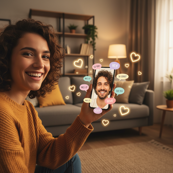 화상 통화로 다정하게 대화하며 웃고 있는 장거리 연애 커플