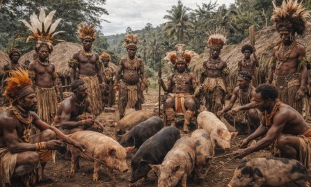 고대 파푸아 지역에서 의례와 사회적 지위를 상징하던 돼지 사육 문화의 재현 장면