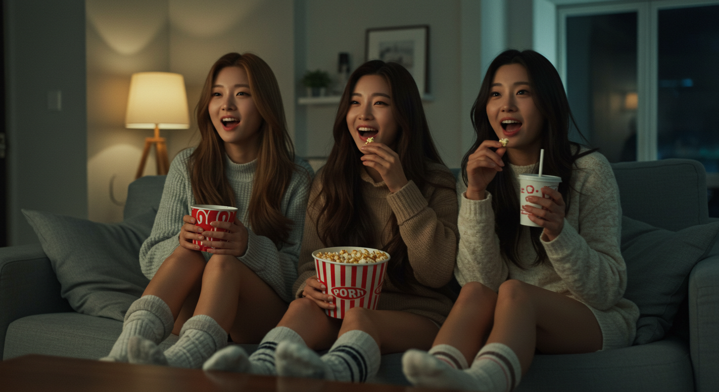 집에서 영화를 즐기는 한국여성 세명.