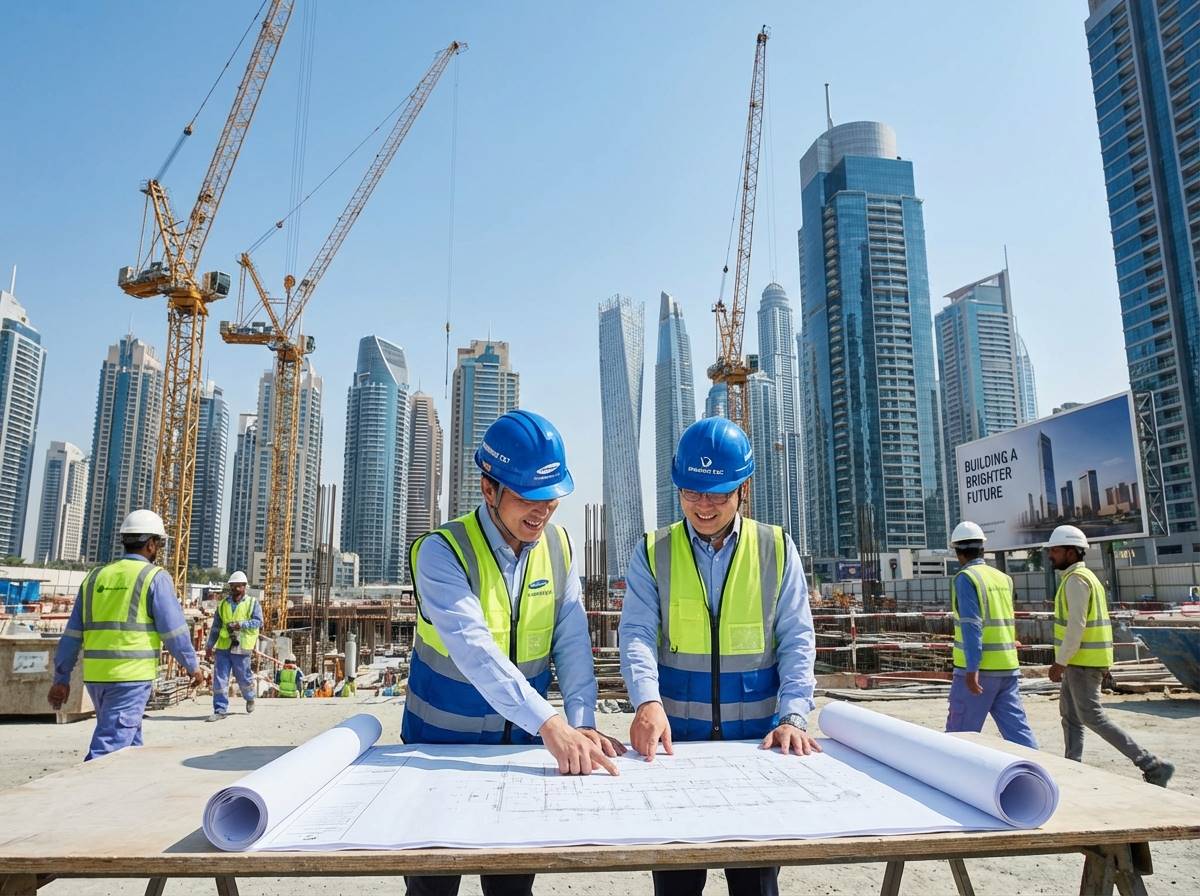 현대적인 중동 도시 건설 현장에서 타워크레인이 바쁘게 움직이고 한국 건설사 로고가 찍힌 안전모를 쓴 엔지니어들이 지도를 펼쳐보고 있는 희망찬 모습