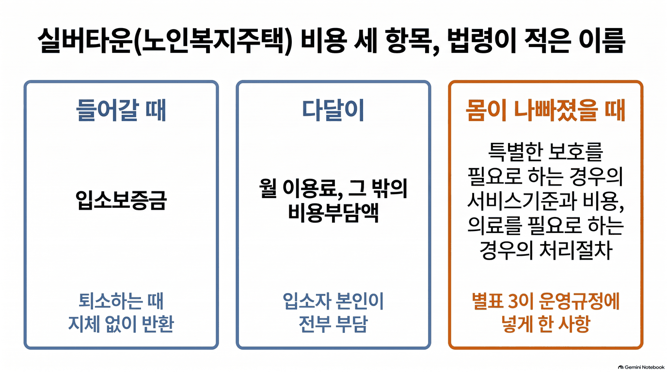 제목은 실버타운(노인복지주택) 비용 세 항목, 법령이 적은 이름인 움직이는 그림입니다. 칸 셋이 차례로 나타납니다. 1칸 들어갈 때, 입소보증금, 퇴소하는 때 지체 없이 반환. 2칸 다달이, 월 이용료와 그 밖의 비용부담액, 입소자 본인이 전부 부담. 3칸 몸이 나빠졌을 때, 특별한 보호를 필요로 하는 경우의 서비스기준과 비용, 의료를 필요로 하는 경우의 처리절차, 별표 3이 운영규정에 넣게 한 사항