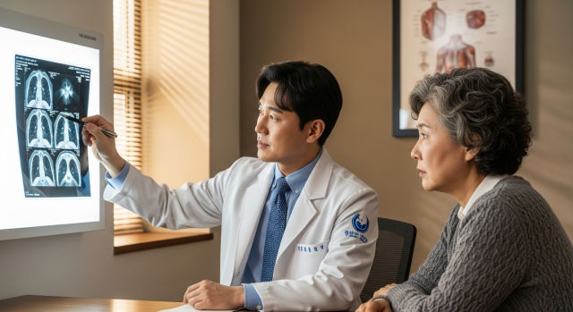 환자에게 검사 결과 설명하는 의사