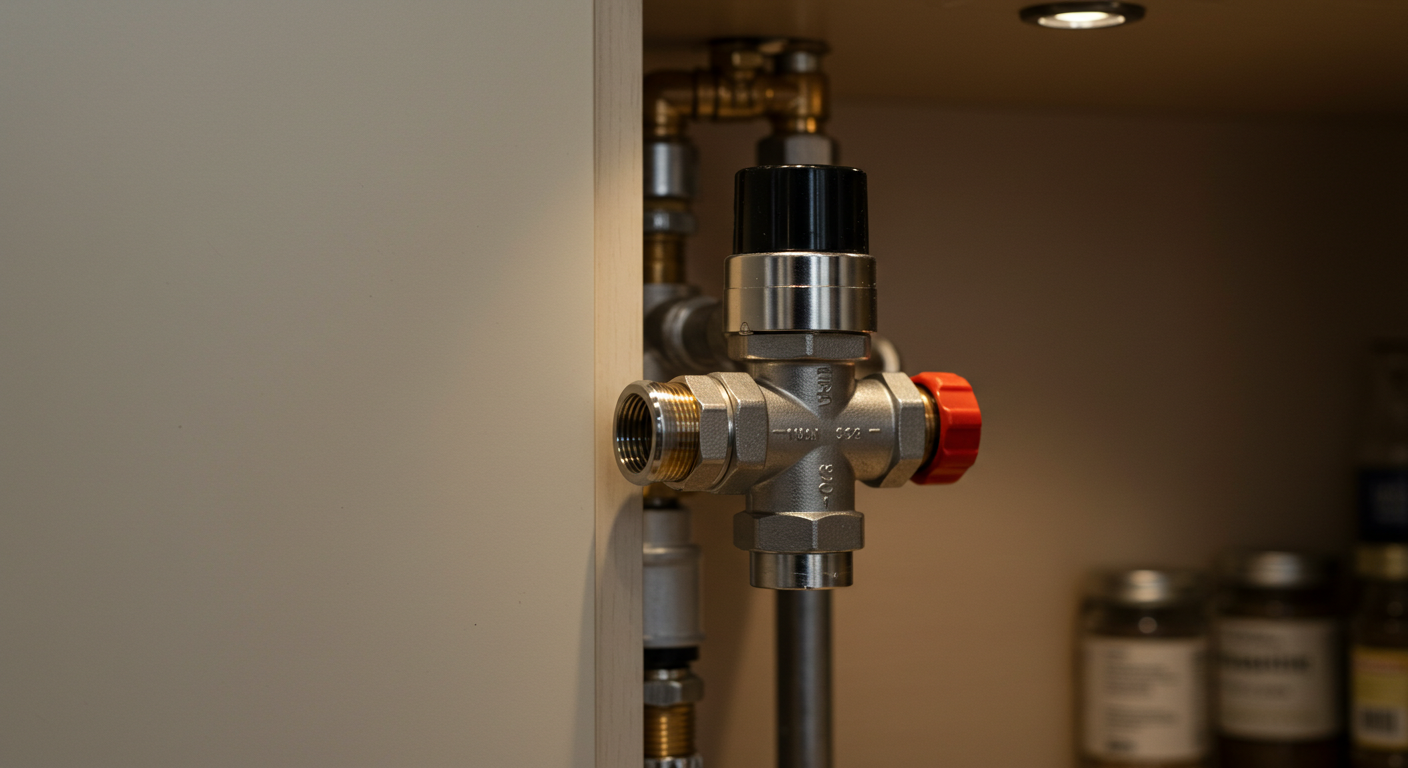 주방 하부장 등에 있는 보일러 분배기 밸브 클로즈업